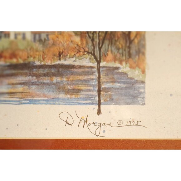 Framed D. Morgan Print "Cottage By The Lake" 1995 Art Cabin Cozy Fall Leaves - Picture 5 of 6